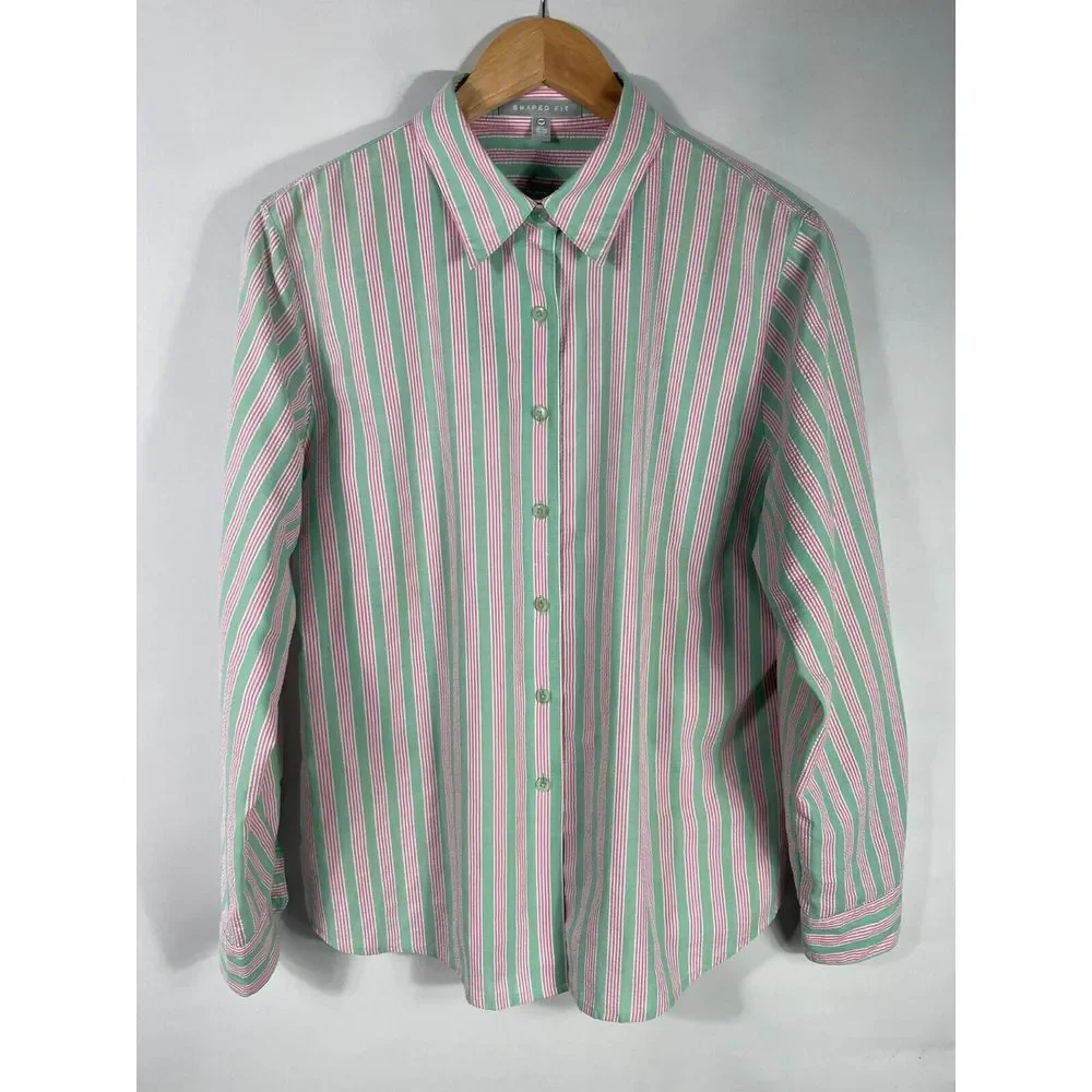 Foxcroft Women's 14P Shaped Fit Green Pink White Striped Long Sleeve Shirt - Picture 1 of 10